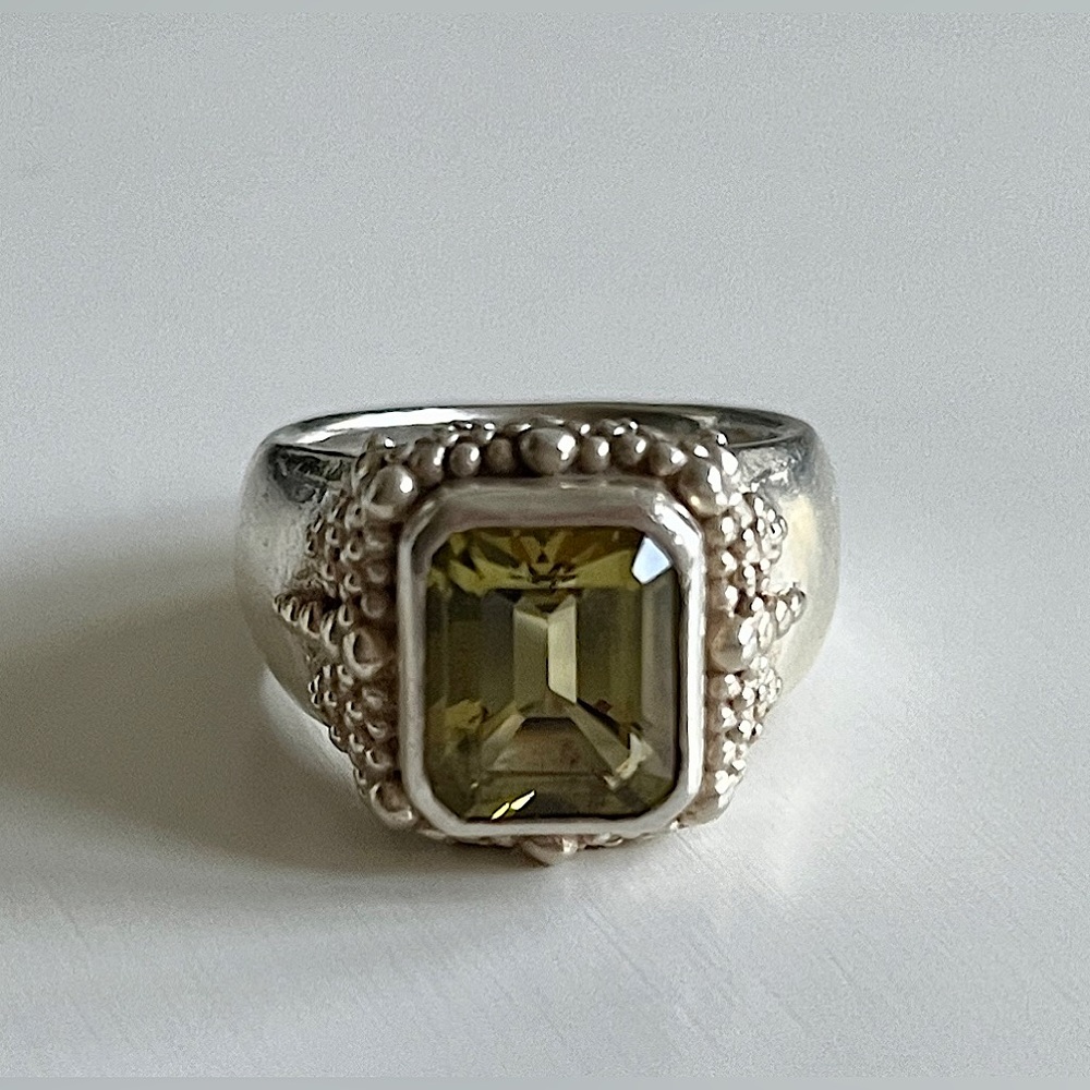 Stephen Dweck Silver Ring with Olive-Green Rectangular Gem